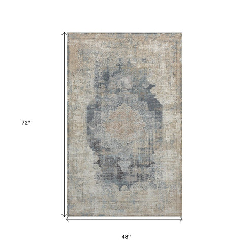 4' X 6' Beige and Gray Medallion Area Rug